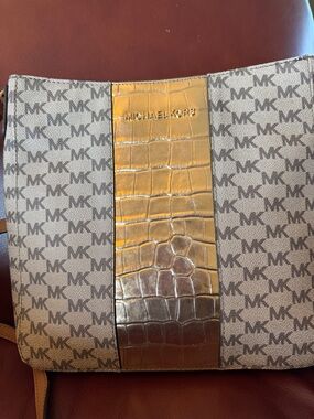 Michael Kors Tan and Gray MK Monogram Messenger Bag